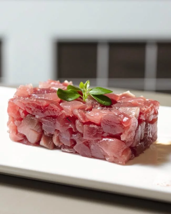 piatto bianco con tartare di pesce